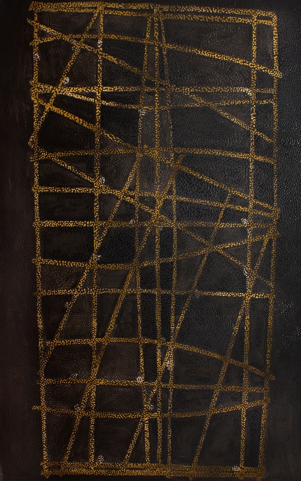 An oil painting of gold lines against a black background, untitled, by Daniel Boyd.