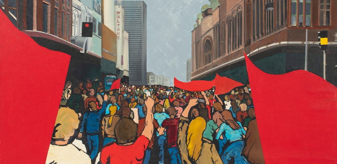 A painting of the backs of people in a protest.