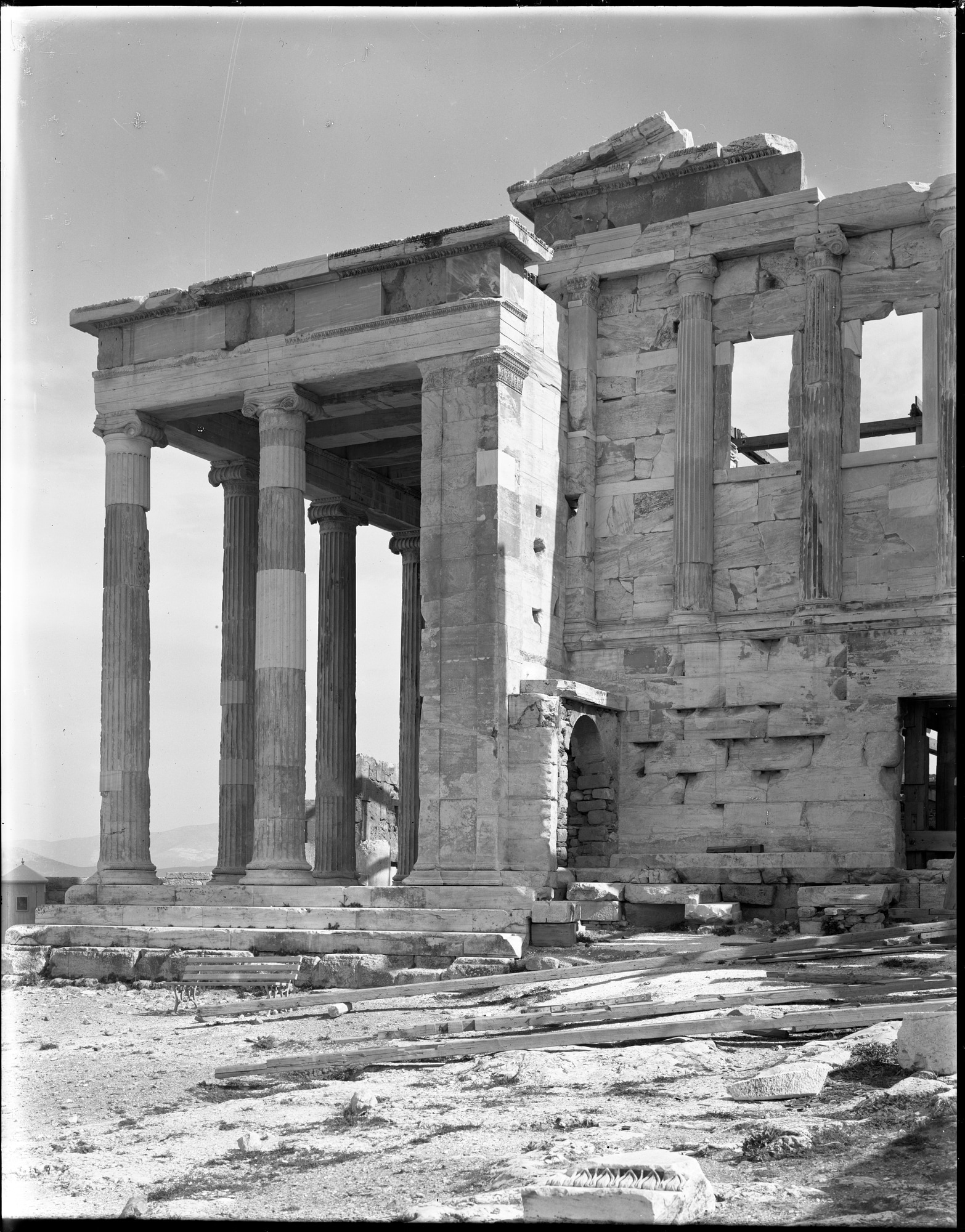 A black and white photo of a temple to Athena Polias