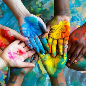 A group of hands with colourful paints on their palms