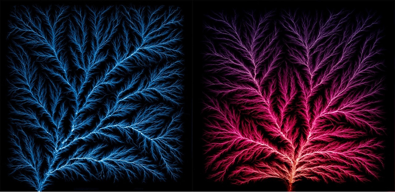 Two images side by side with a blackground. The first shows a lightning style tree shape in a blue colour. The second shows a similiar lightning tree shape but in a purple colour.