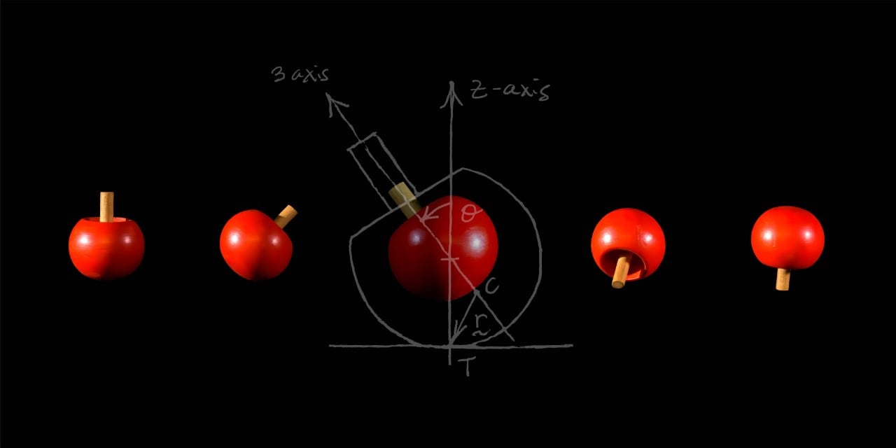 A series of images showing the spin of a small red tippe top, titlting and spinning. The center image has an overlay of mathermatical calculations showing the axis of the balance of the top.