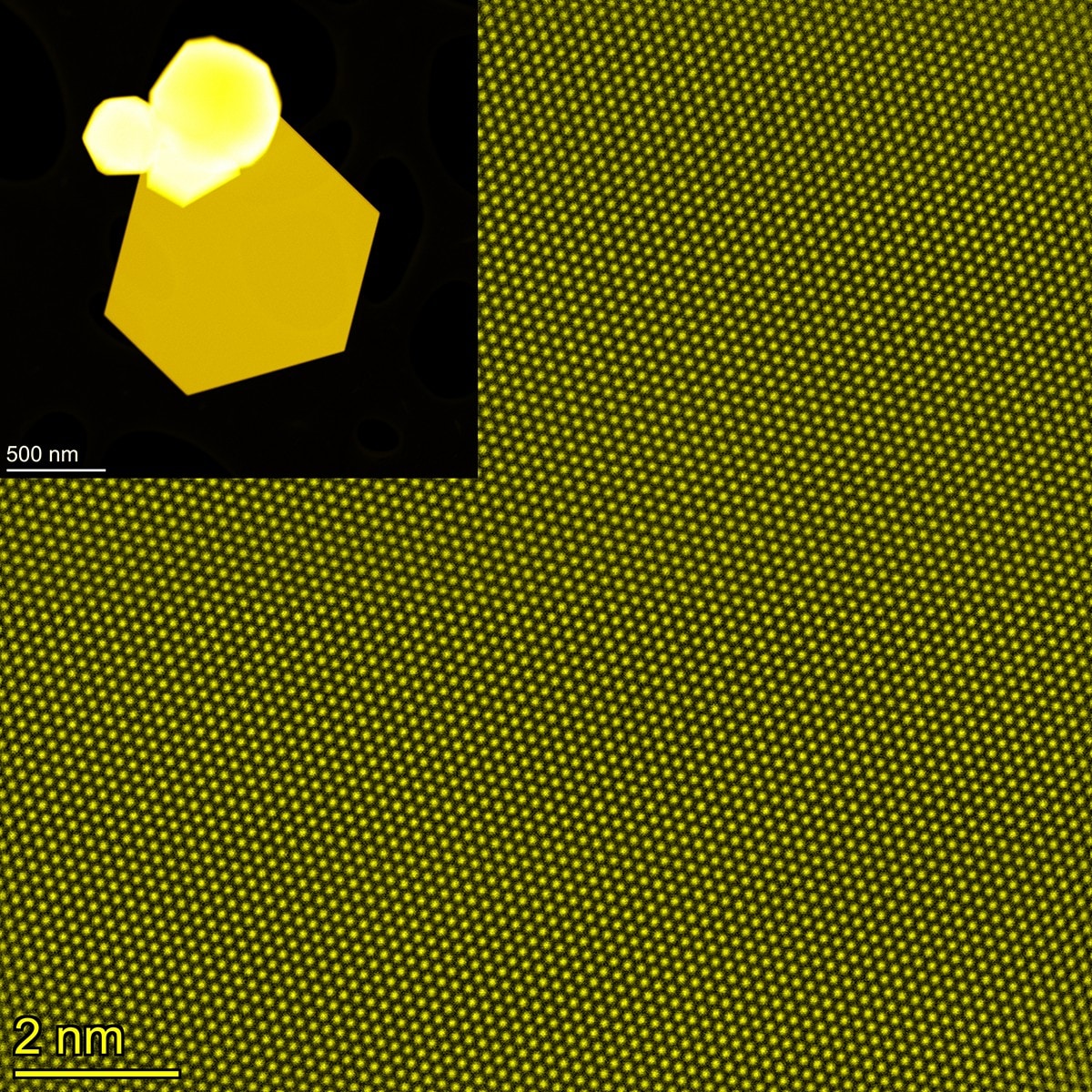 An image of tiny small yellow octagons and a black background with the caption 2nm indicating the size