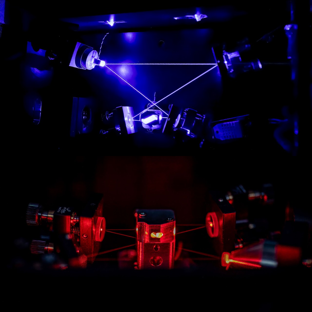 Two images of lazers set ups in a dark box, a lazer beam shooting and refracting across various angled plates. The top one is a blue lazer, the bottom red.