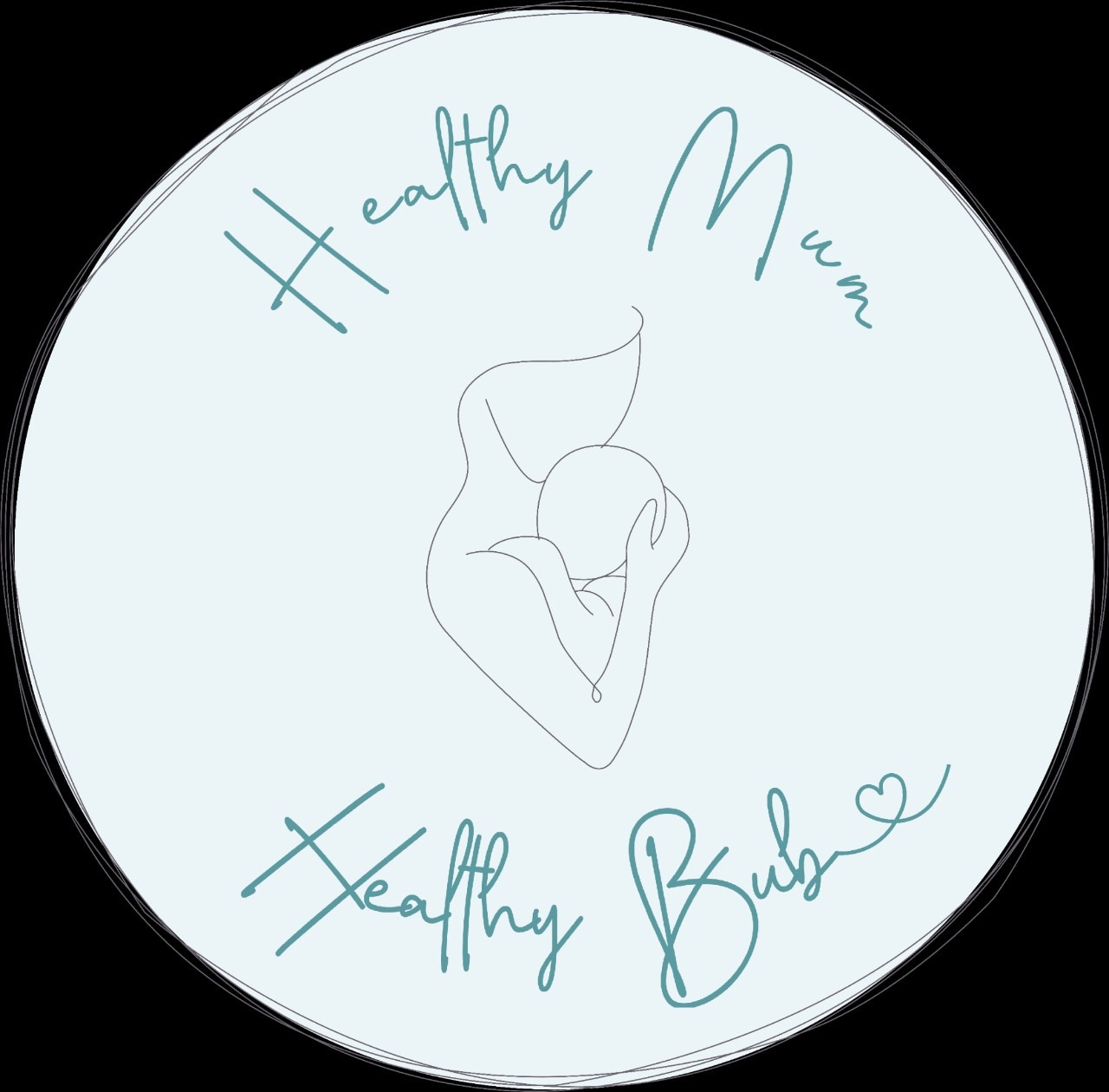 logo for Healthy Mum, Healthy Bub. It is a line drawing of a mother holding her child, with the words healthy mum healthy bub written around it. 