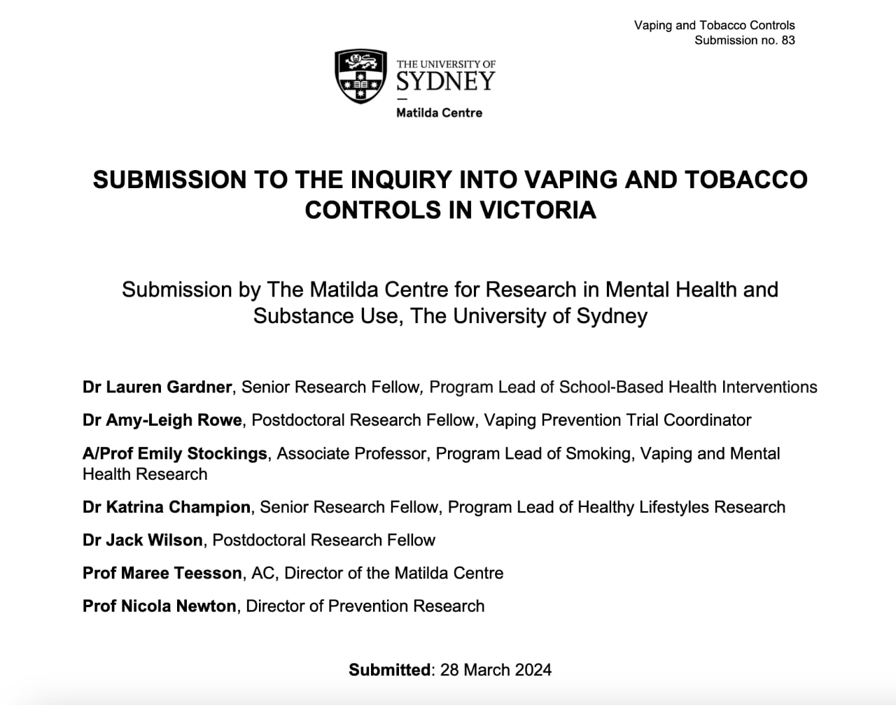 The title of the submission and the authors - Dr Lauren Gardner, Dr Amy-Leigh Rowe, Associate Professor Emily Stockings, Dr Katrina Champion, Dr Jack Wilson, Professor Maree Teesson and Professor Nicola Newton.