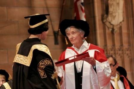 Photo of The Chancellor Her Excellency Professor Marie Bashir AC CVO (left) conferring the honorary degree upon Emeritus Professor Dame Leonie Kramer AC DBE (right), photo, copyright Memento Photography.