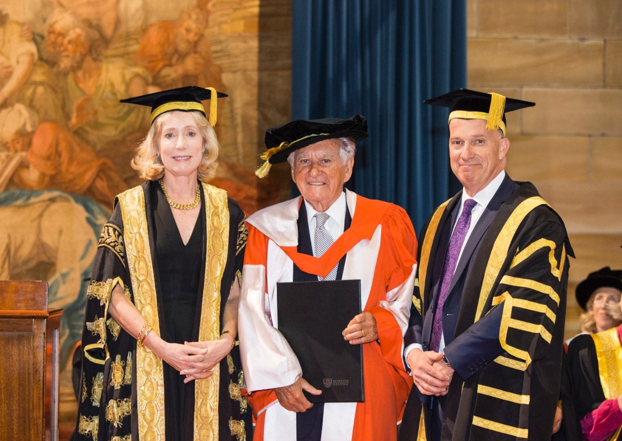 The Chancellor Belinda Hutchinson, former PM Bob Hawke and Vice-Chancellor Michael Spence.