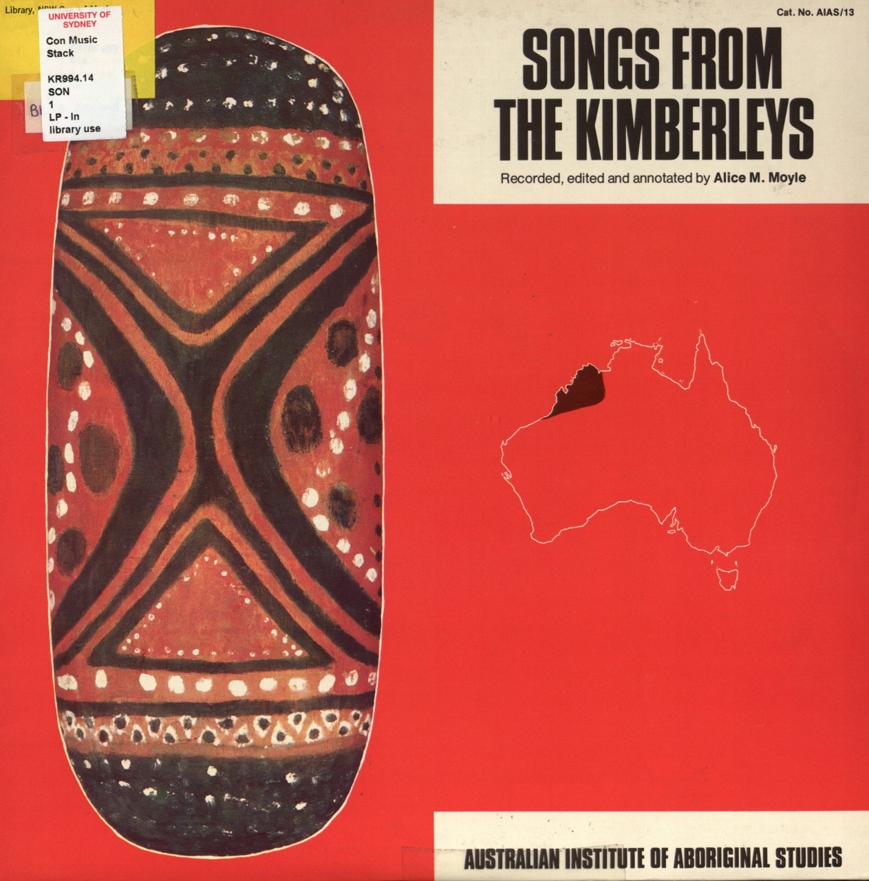 Album cover of vinyl recording 'Songs from the Kimberleys', recorded and edited by Alice M. Moyle. 1977