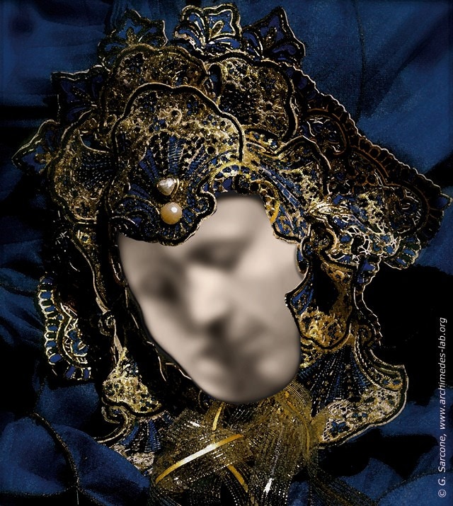 A Venetian mask with a blurred black and white image of a face or two people kissing.