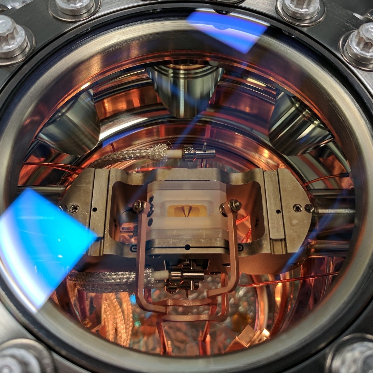 An ion trap at the University of Sydney's Quantum Control Laboratory. Ion traps are used to confine individual atoms for experiments in quantum control and quantum computing. Credit: Professor Michael Biercuk