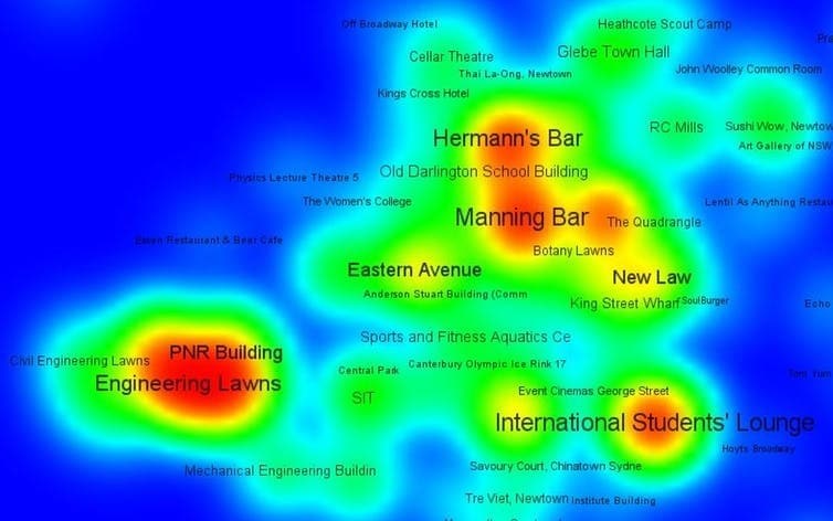 Heat map image of where students congregate on campus