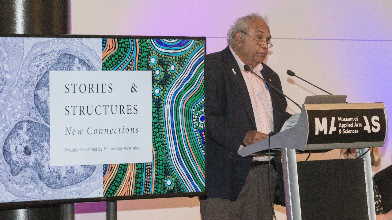 Tom Calma AO at the exhibition launch during a Vivid Sydney event at the Powerhouse Museum, Sydney.
