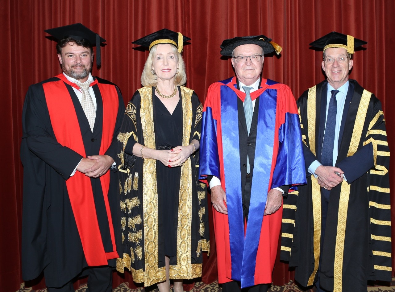 Acting Dean of the University of Sydney Law School Professor Cameron Stewart, Chief Justice Bathurst, Chancellor Belinda Hutchinson and Vice-Chancellor and Principal Dr Michael Spence. Credit: Ambassador Productions