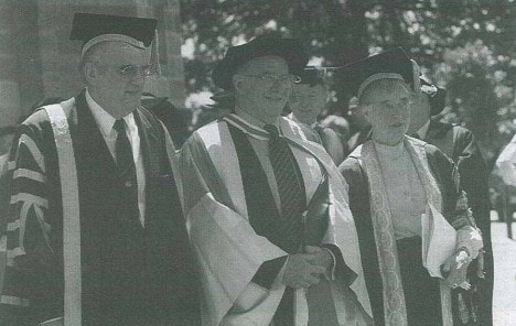 Former Vice-Chancellor Professor Gavin Brown and former Chancellor Dame Leonie Kramer award Clive James (centre) the Doctor of Letters (honoris causa). Photo: Tracey Schramm via the University of Sydney Archives.