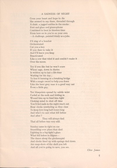 A poem written by Clive James, as published in the University of Sydney literary journal Hermes. Courtesy: Sydney University Library. 