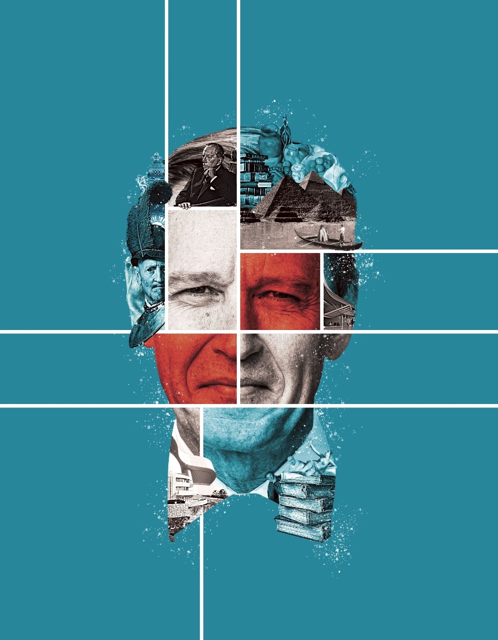 The face of Tim Potts turned into a multi-coloured collage comprised of elements related to the Getty Museum, including works or art, historic landscapes and an image of J Paul Getty.