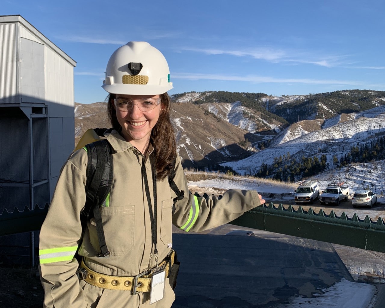 Dr Theresa Fruth, from the School of Physics, prepares to descend a mile underground at the LZ experiment facility in South Dakota, USA.