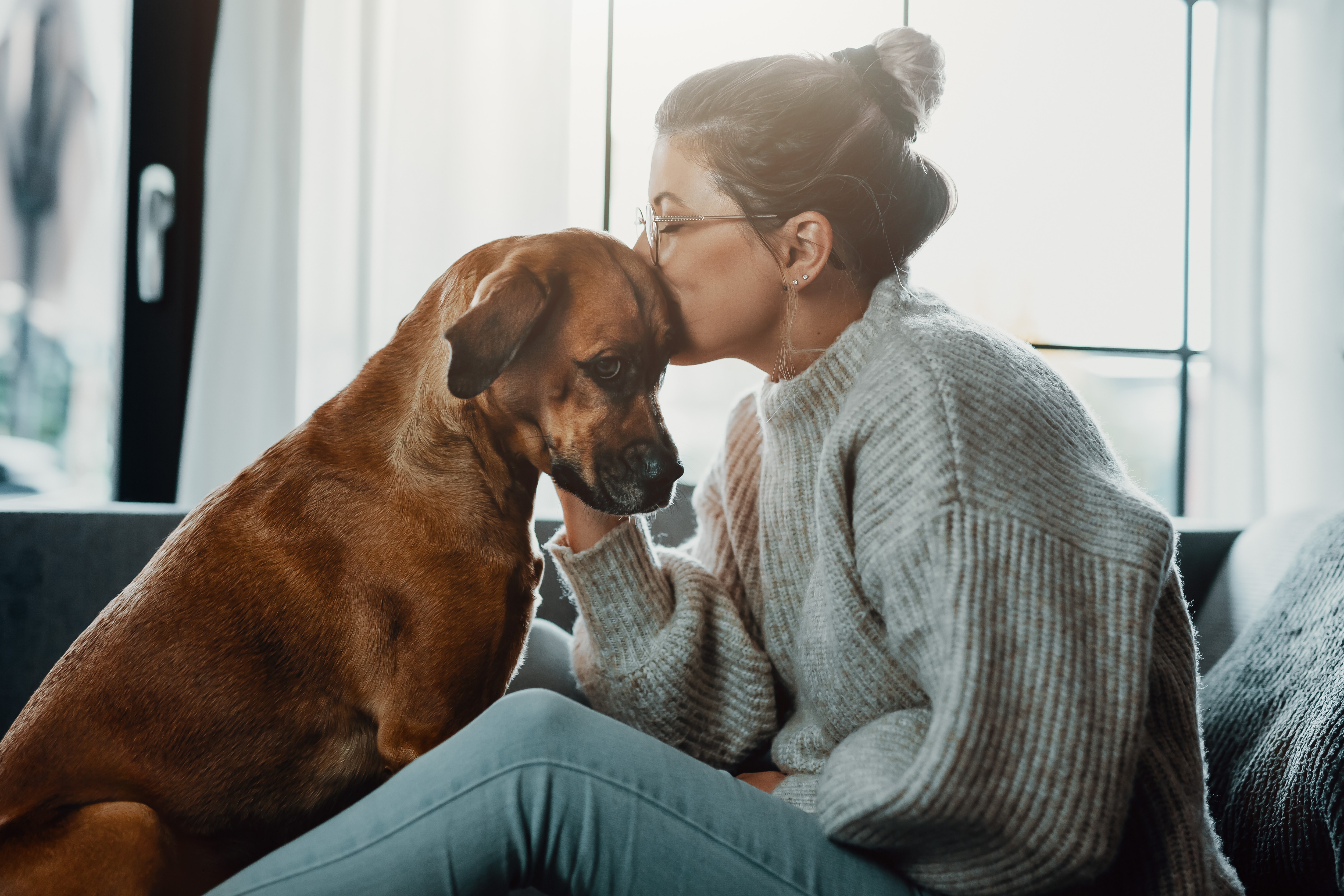 woman on couch with dog. generic