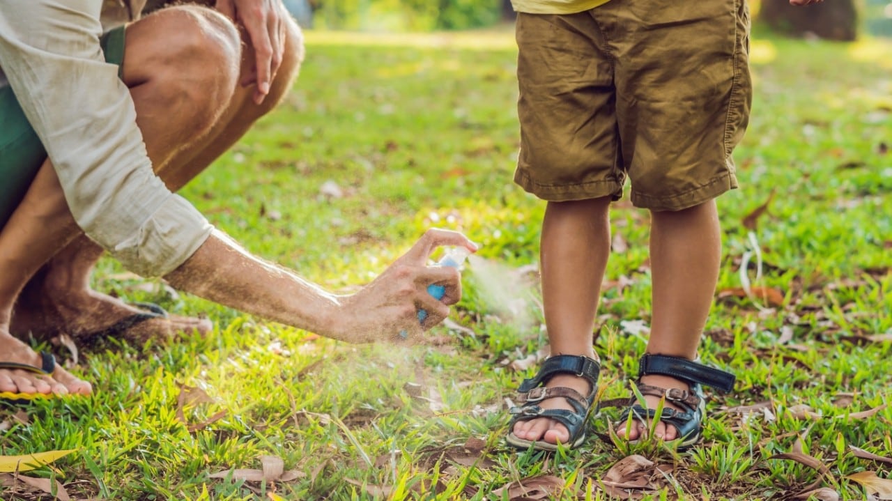 An adult spraying insect repellant on a child’s legs in a grassy area