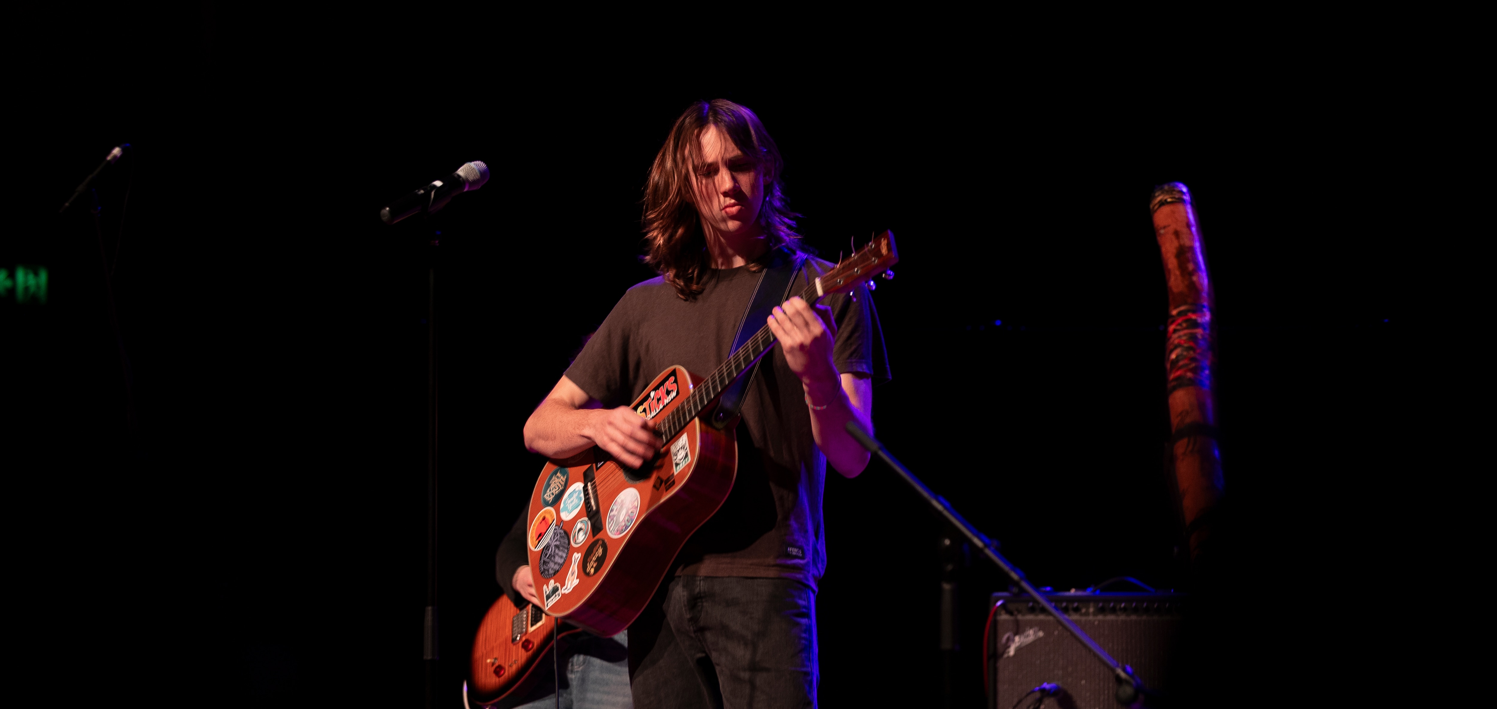 Jake on stage playing guitar with his band, Lemonise.