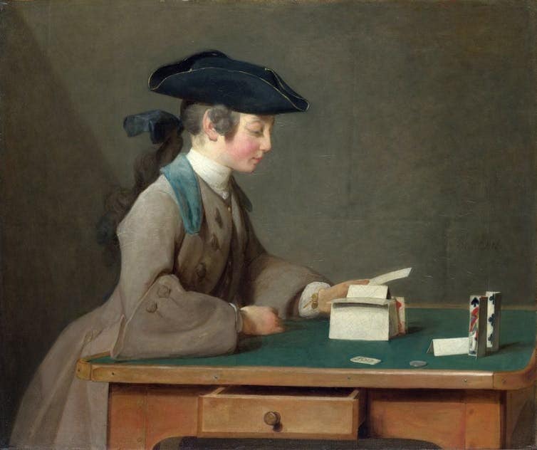 Painting by Jean-Baptiste-Siméon Chardin, The House of Cards, 1736-37. 