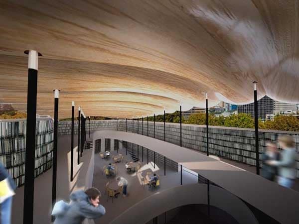 Simulation picture of Ligo, with arching wooden ceiling and wide space
