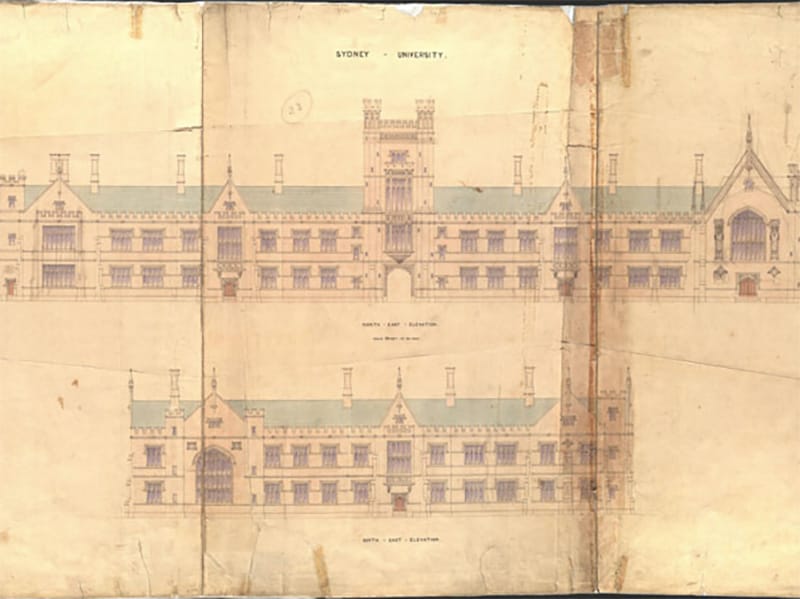 Yellowed archival sketch of the proposed elevations of the Great Hall