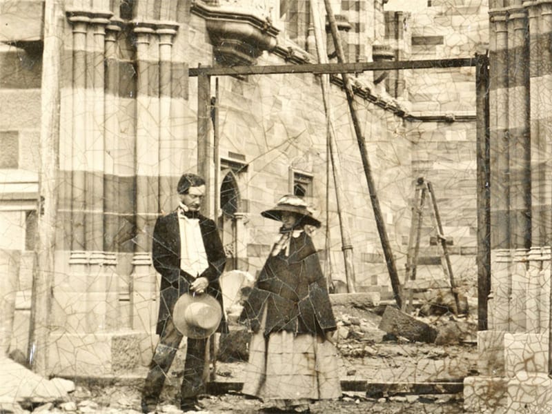 John Smith image of E.T Blacket & daughter Edith in the doorway of the Great Hall, (c.) 1857 (University of Sydney Archives)