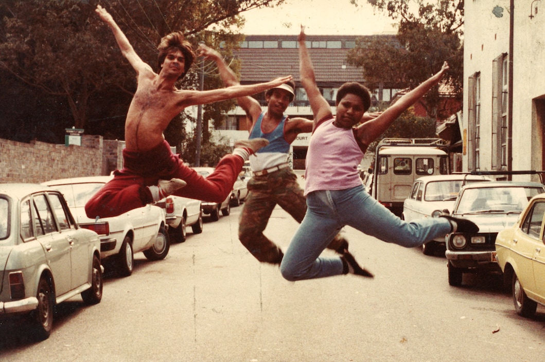 Outside the studio of the National Aboriginal and Islander Skills Development Association in Glebe, 1982. From left: Wilo Muwadda, Dujon Nuie and Agnes Ware