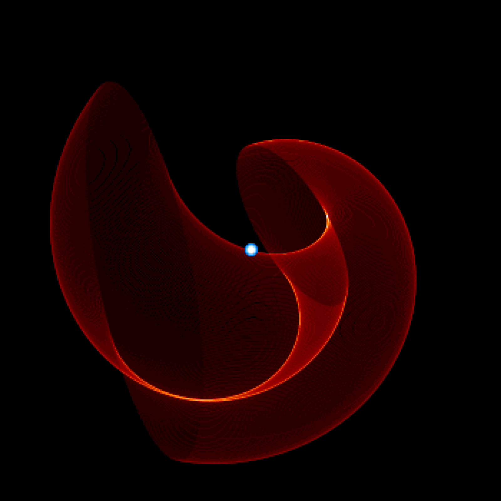 This animated gif is intended to illustrate the geometry of the structure witnessed in the Apep system. Note this is a toy animation to illustrate a fly-around of the structure, and not a model fitted to the data that describes the dust flow process. Credit: Peter Tuthill/University of Sydney/ESO