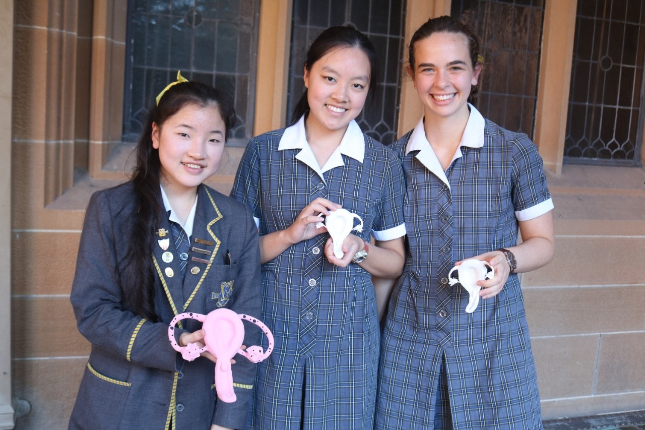 Kambala students Emily Su, Emily Shen and Alex Bako with their 3D printed uterus models.