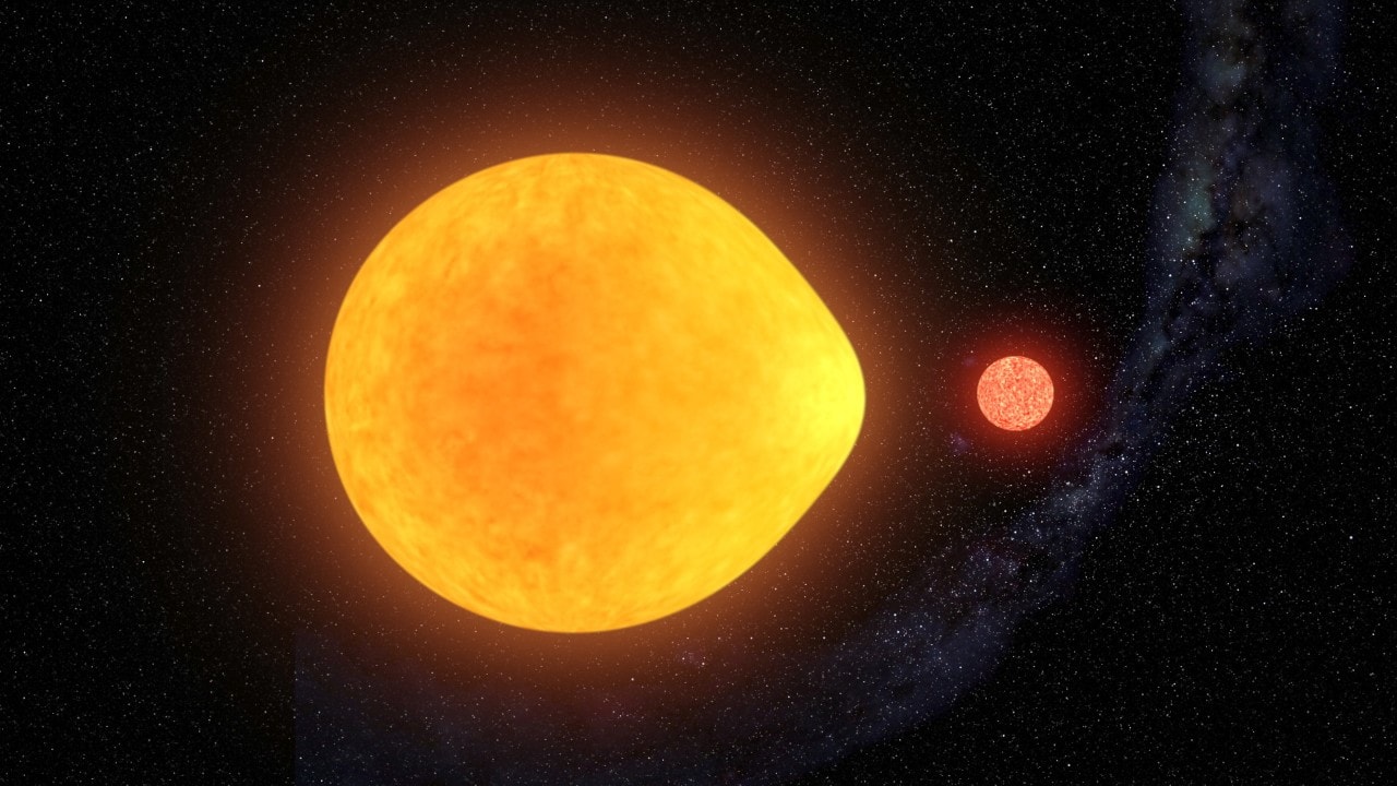 An artist's impression of the star with its tidally locked red dwarf companion. Credit: Gabriel Pérez Díaz (IAC)