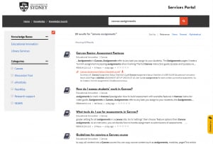 Service Now portal showing results for 'Canvas assignments'.