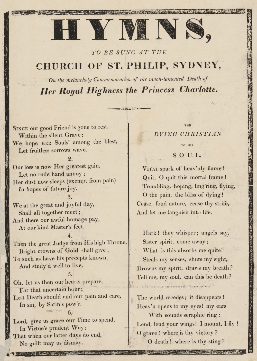 Hymns to be sung at the Church of St. Philip, Sydney . . . on the death of princess Charlotte, 5 April 1818
