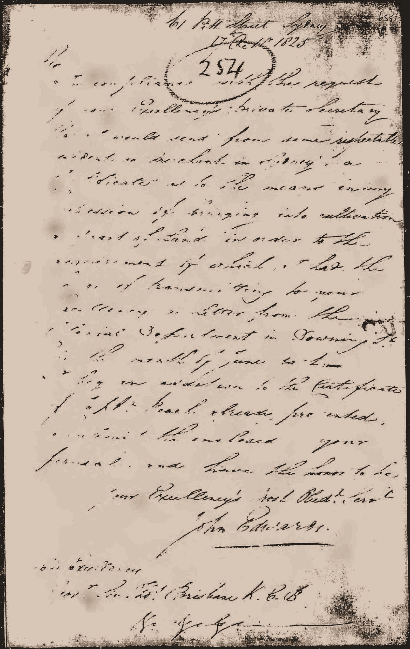 Letter from John Edwards, 17th October 1825, to Thomas Brisbane