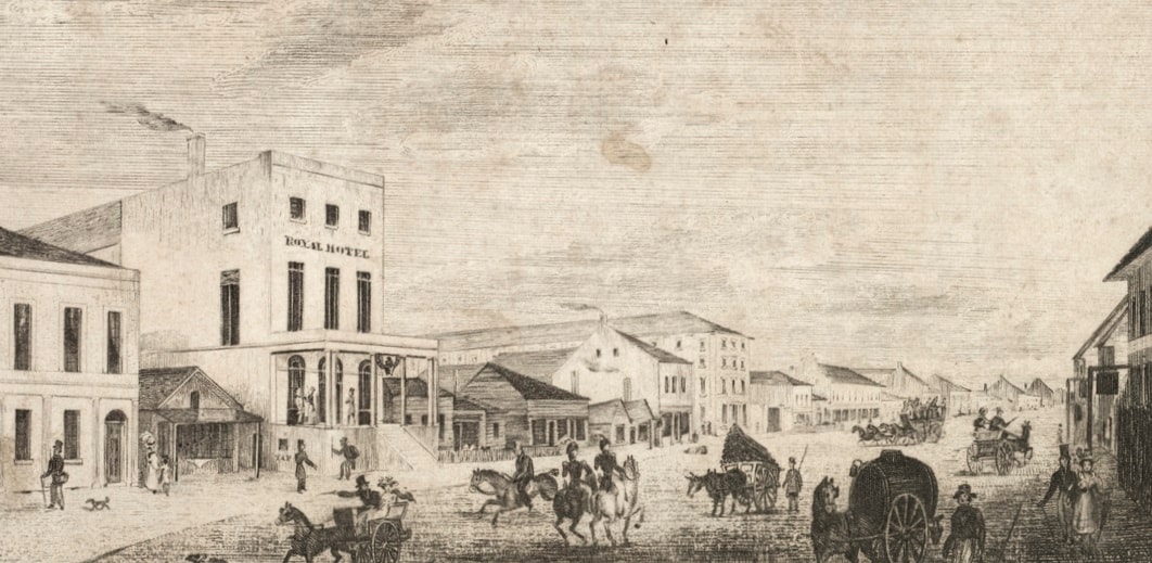 Royal Hotel, George Street, Sydney; drawn and engraved, c.1834, by William Wilson (detail); State Library of New South Wales
