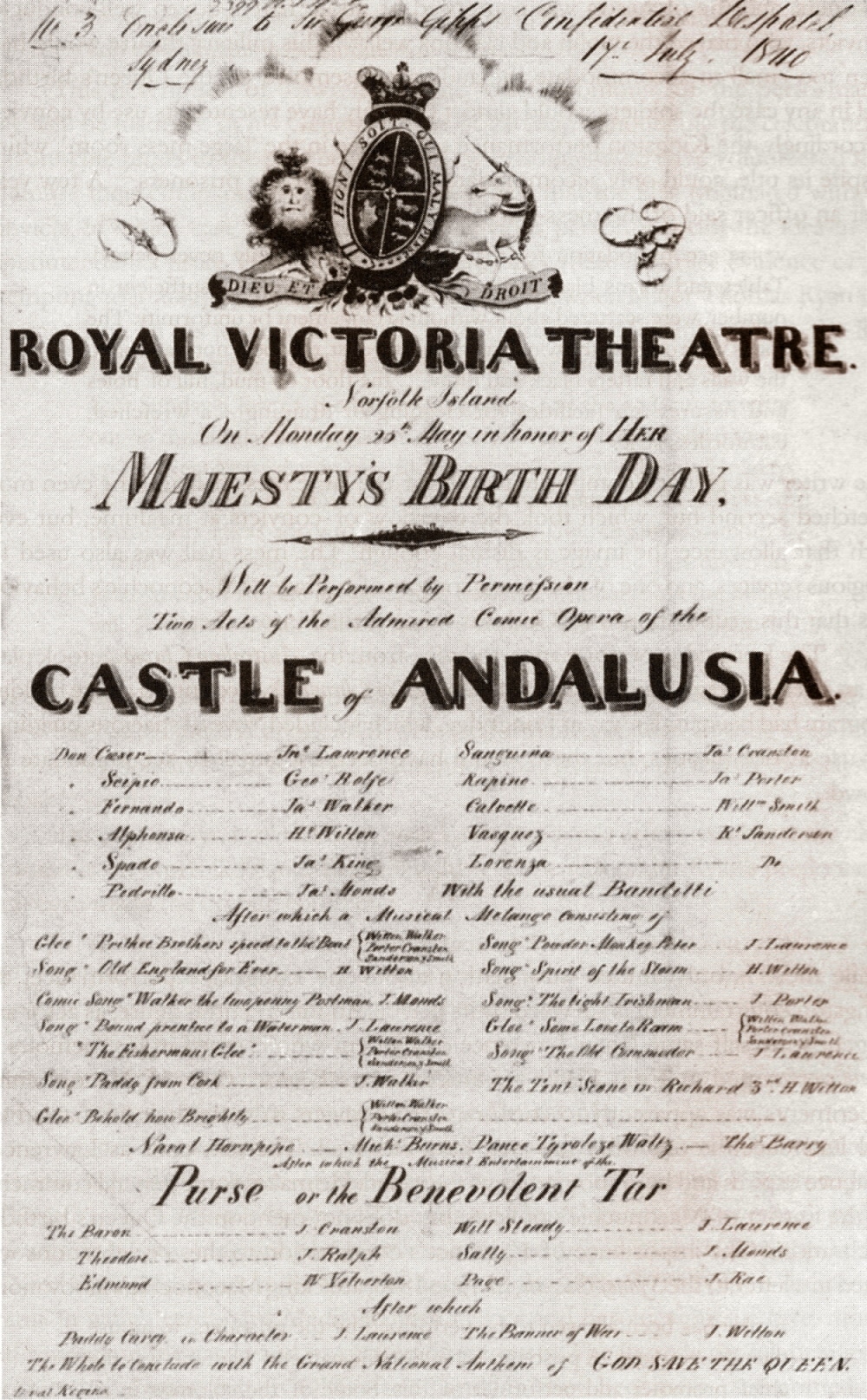 Playbill for Queen's Birthday theatricals, Norfolk Island 1840