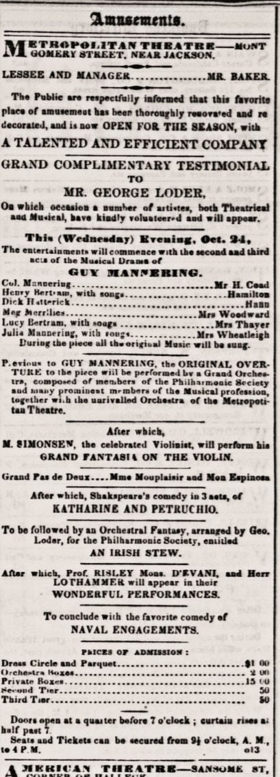 Advertisement, George Loder testimonial, San Francisco, 24 October 1855