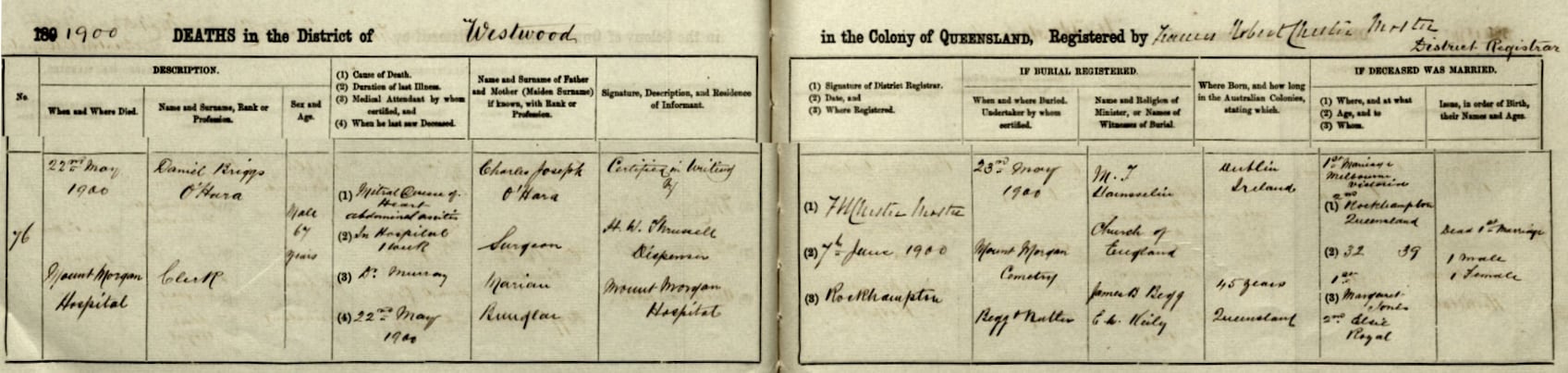 Daniel Briggs O'Hara death certificate 1900
