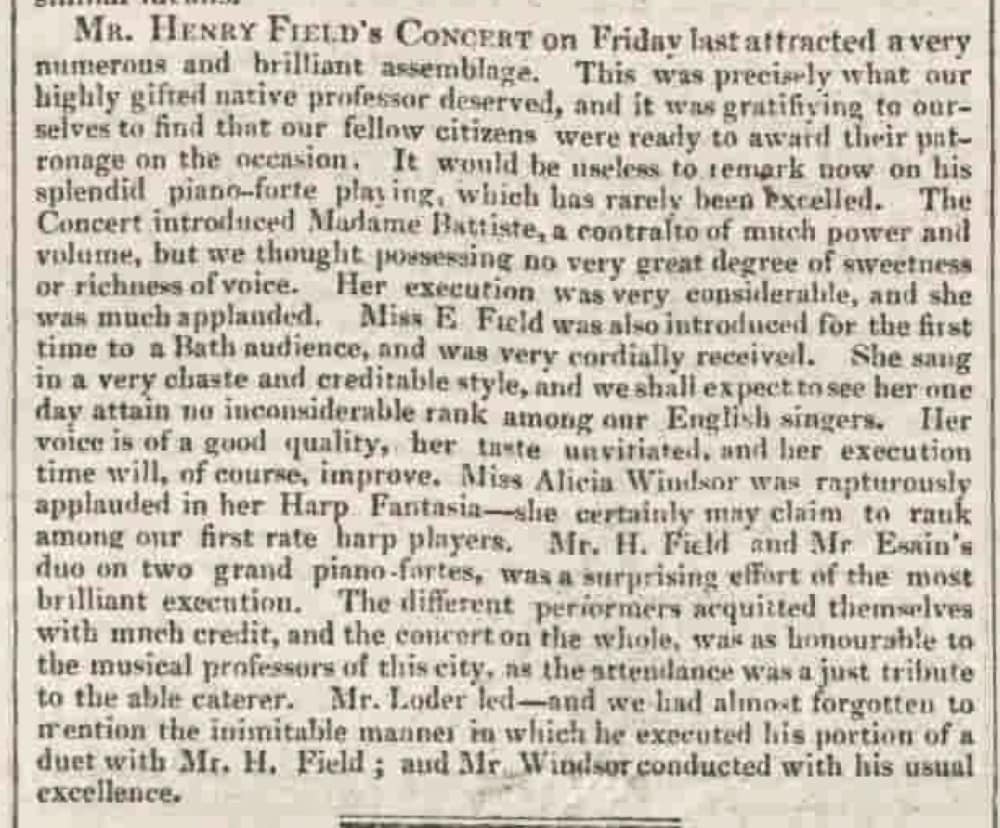 MR. HENRY FIELD'S CONCERT, Bath Chronicle and Weekly Gazette (19 April 1832), 3