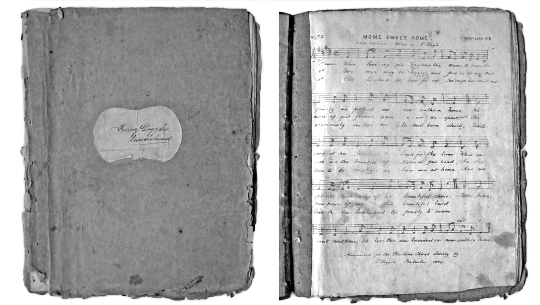 Brisbane Choral Society alto partbook, 1859; Fanny Diggles's name on cover, and Slivester Diggles's arrangement of Bishop's Home sweet home