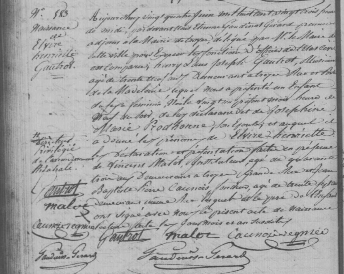 Birth of Elvire Gautrot, 1823