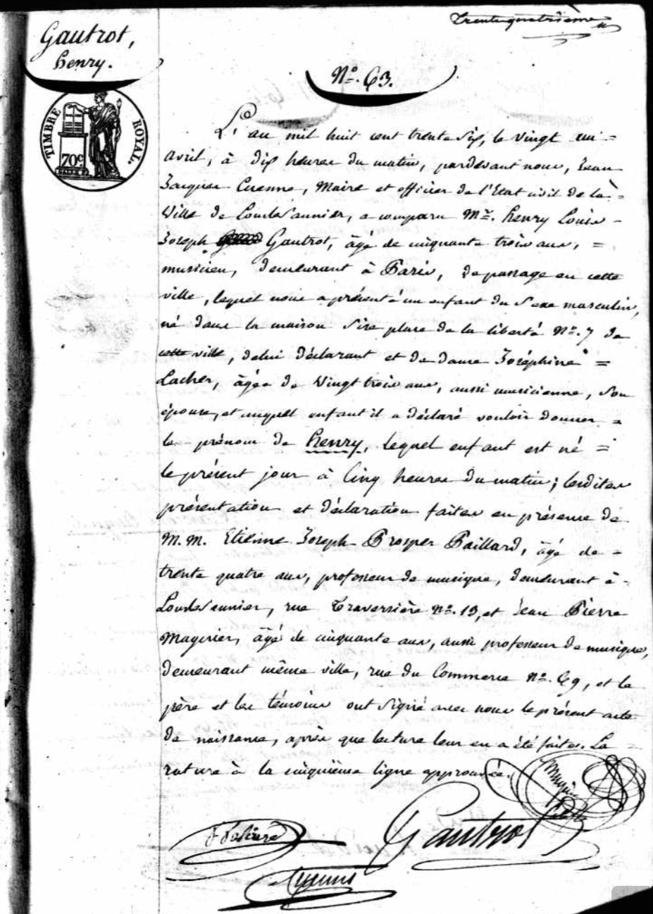 Birth of Henry Gautrot, 1836