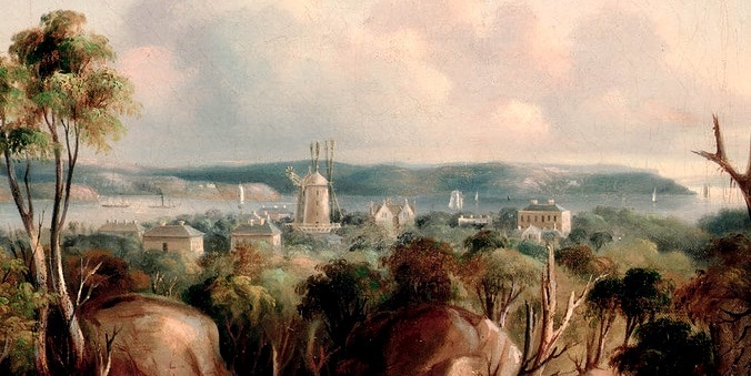 Girard's and Barker's mills, Woolloomooloo Hill, detail of oil painting by George Edwards Peacock, 1845; State Library of New South Wales