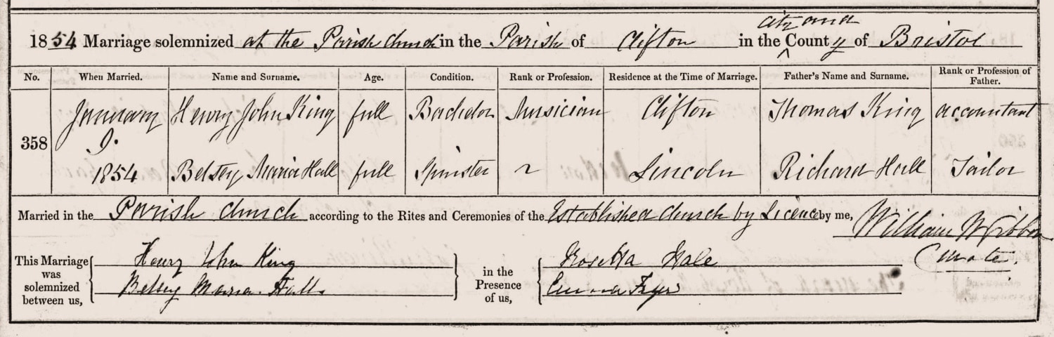 1854, marriage solemnized at the parish church in the parish of Clifton in the city and county of Bristol; register 1850-55, page 179; Bristol Archives
