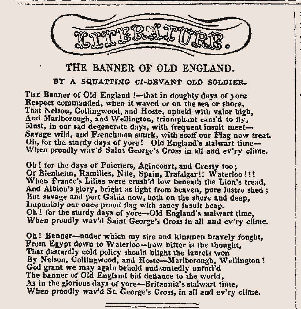 THE BANNER OF OLD ENGLAND. BY A SQUATTING CI-DEVANT OLD SOLDIER, The Atlas (10 May 1845), 28