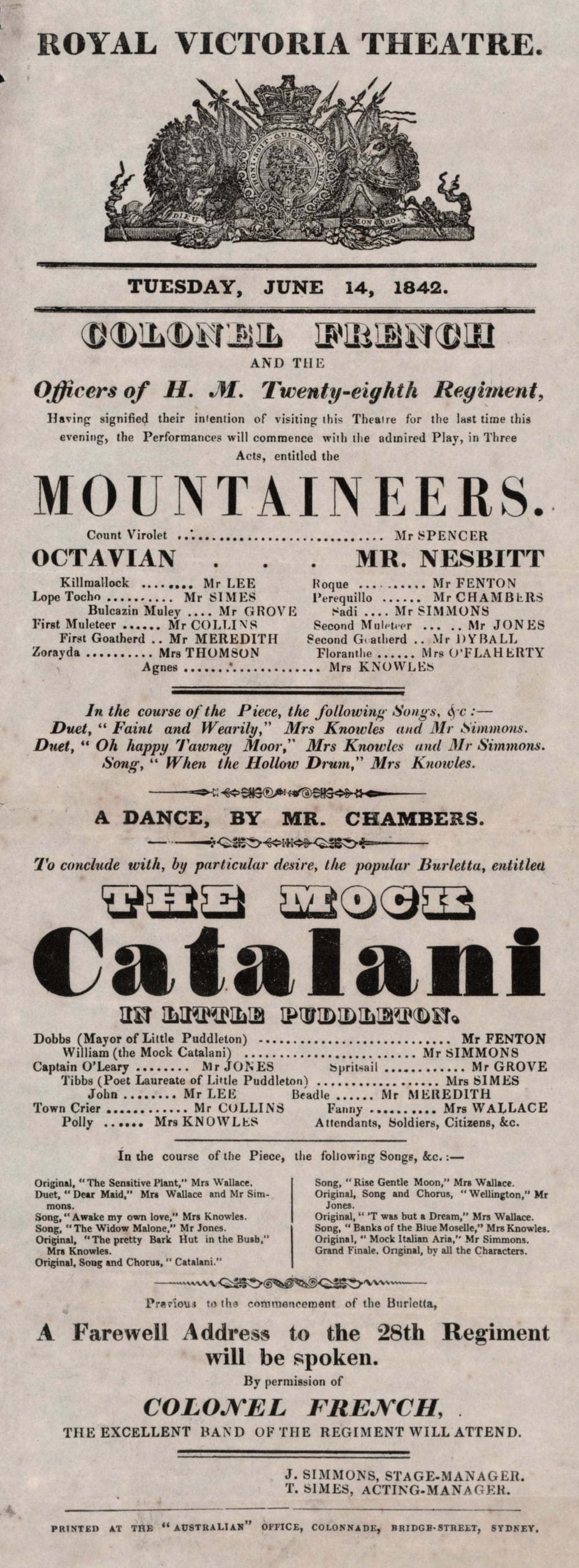Playbill, Royal Victoria Theatre. Tuesday, June 14, 1842; National Library of Australia