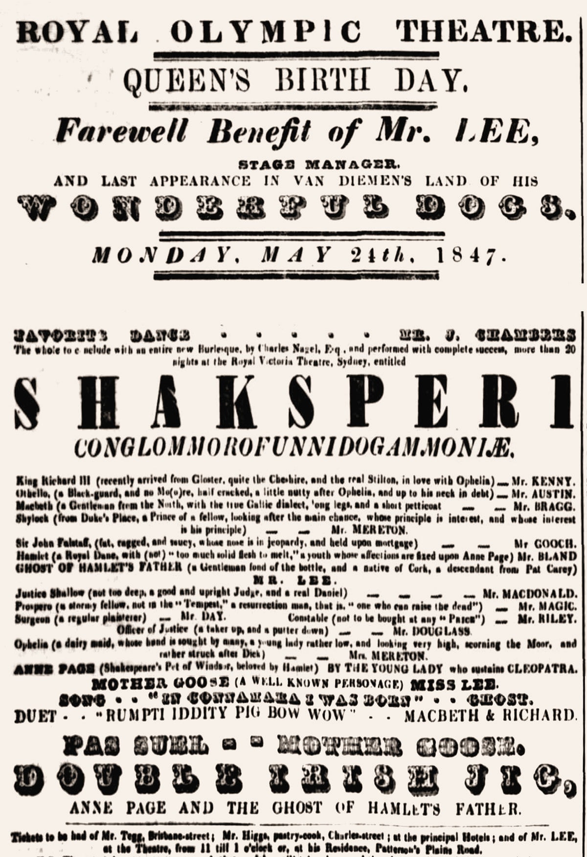 24 May 1847, Olympic Theatre, Launceston, VDL