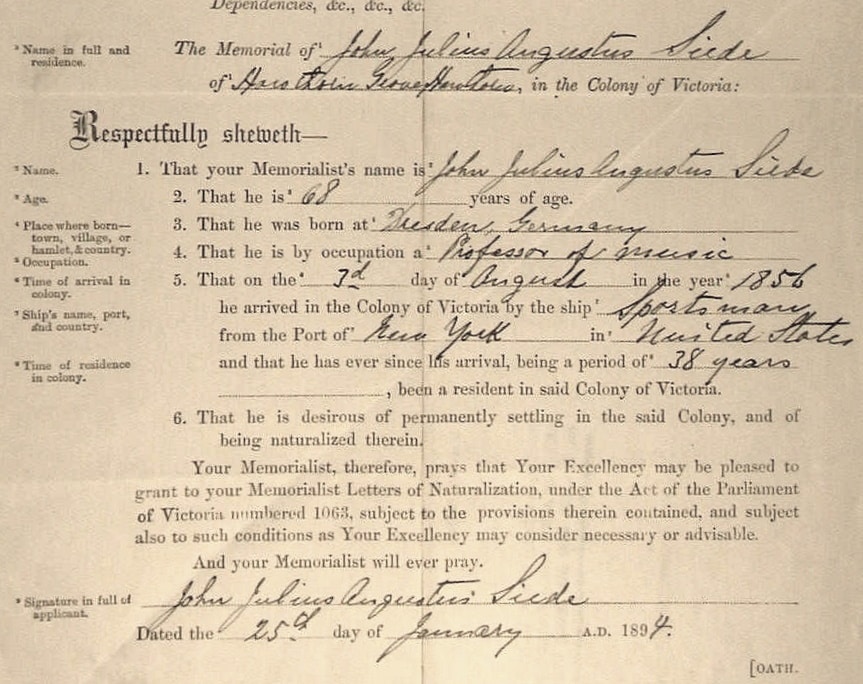 Memorial for naturalization, John Julius Augustus Siede, 25 January 1894; Public Record Office Victoria